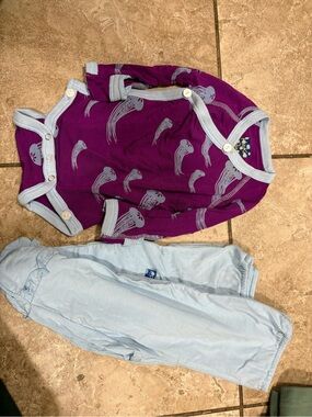 Kickee Pants Purple Onesie with Light Blue Trim and 2 pair of pants